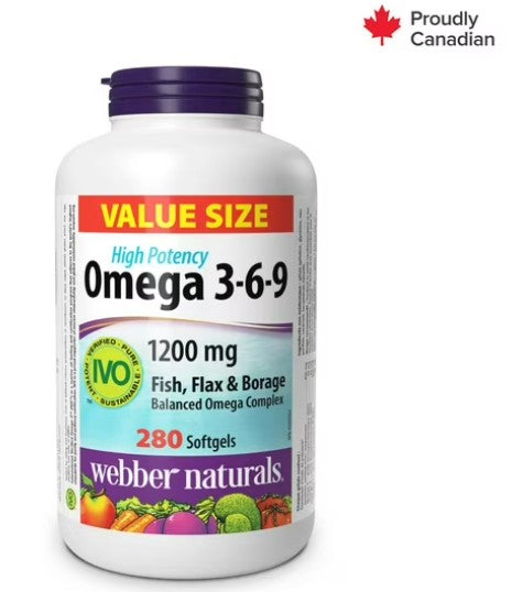 Webber Naturals® Omega 3-6-9 High Potency Fish, Flax & Borage 1200 mg, 280 Softgels