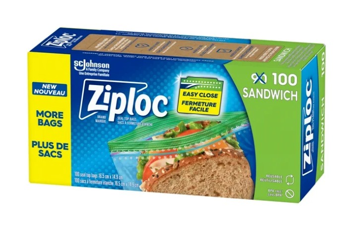 Ziploc Sandwich Bags with Grip 'n Seal Technology, 100 Bags