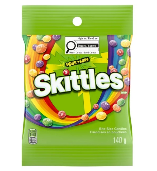 Skittles, Sour Chewy Candy, Bag, 140g