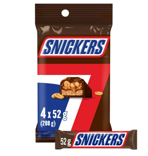 SNICKERS, Peanut Milk Chocolate Candy Bars, 4 Full Size Bars, 208g