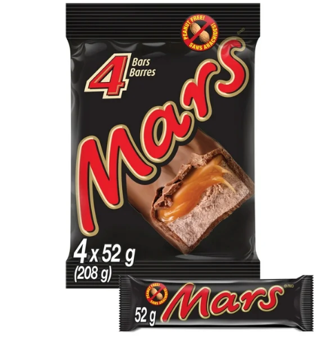 MARS, Peanut Free Chocolate Candy Bar, 4 Full Size Bars, 208g