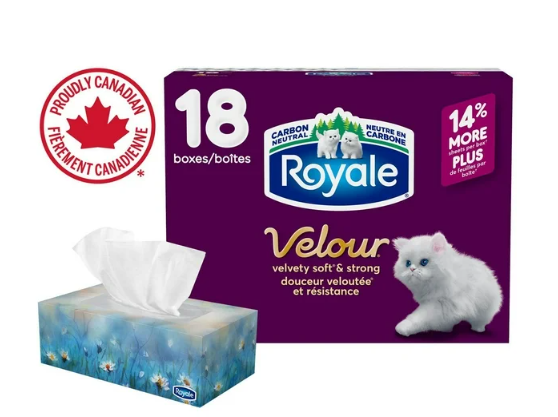 Royale Velour Facial Tissue, 18 Flat Boxes, 82 Tissues per box, 3-Ply, 1476 Tissues (18ct)
