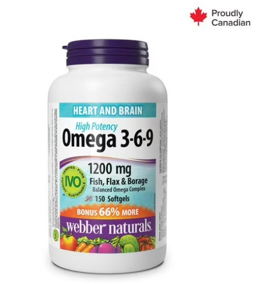 Webber Naturals® Omega 3-6-9 High Potency Fish, Flax & Borage, 1200 mg, 150 Softgels